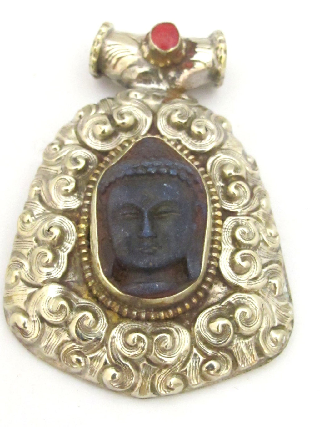 Tibetan silver blue Buddha pendant with floral repousse details and coral inlay - PM338B