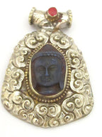 Tibetan silver blue Buddha pendant with floral repousse details and coral inlay - PM338B