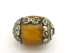 1 bead - Large Tibetan honey copal resin capped bead with tibetan silver dorje vajra symbol - BD723