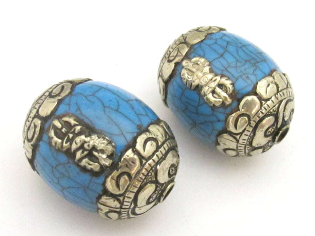 1 bead - Large Tibetan blue crackle resin capped bead with tibetan silver dorje vajra symbol - BD725