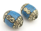 1 bead - Large Tibetan blue crackle resin capped bead with tibetan silver dorje vajra symbol - BD725
