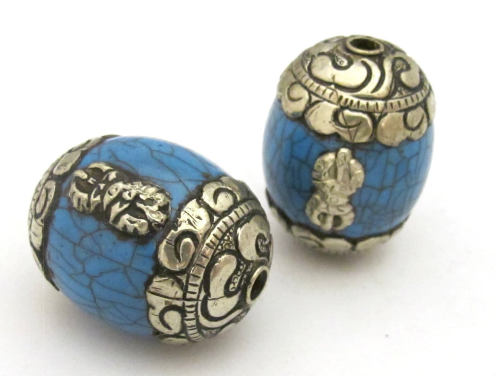 1 bead - Large Tibetan blue crackle resin capped bead with tibetan silver dorje vajra symbol - BD725