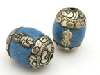 1 bead - Large Tibetan blue crackle resin capped bead with tibetan silver dorje vajra symbol - BD725