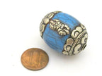 1 bead - Large Tibetan blue crackle resin capped bead with tibetan silver dorje vajra symbol - BD725