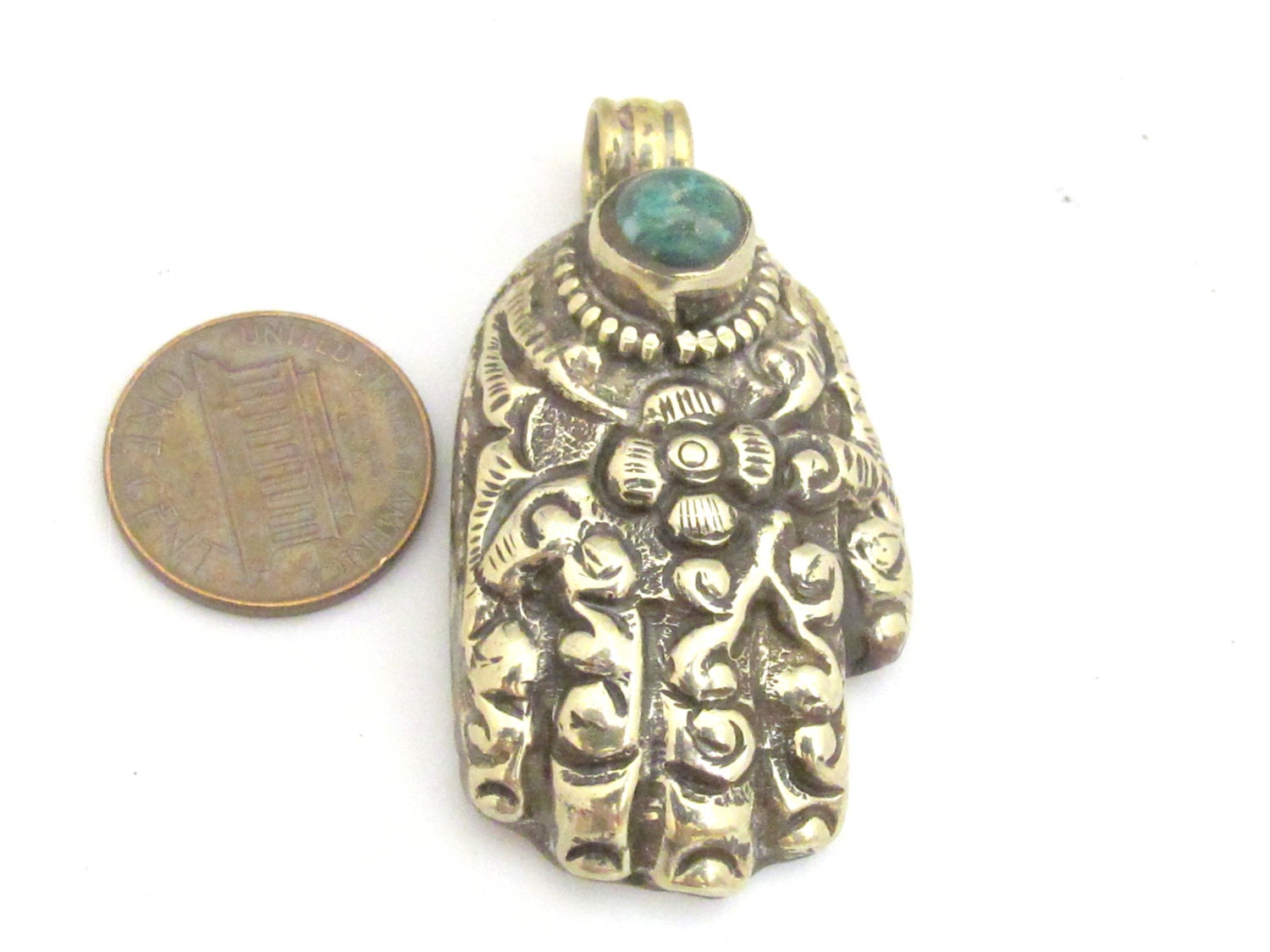 1 Pendant - Tibetan silver Buddha hand detailed repousse pendant with turquoise inlay and reverse floral details - PM339D