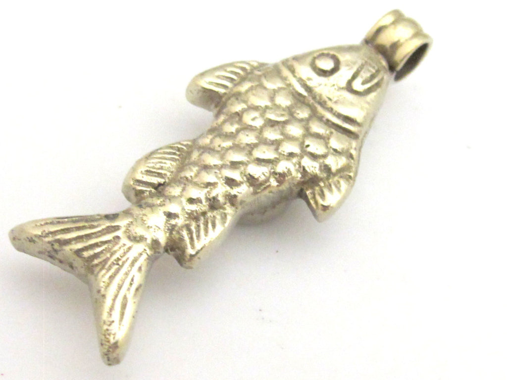 1 Pendant - Tibetan antiqued silver finish fish repousse pendant with turquoise inlay - PM342A