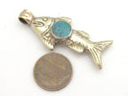 1 Pendant - Tibetan antiqued silver finish fish repousse pendant with turquoise inlay - PM342A