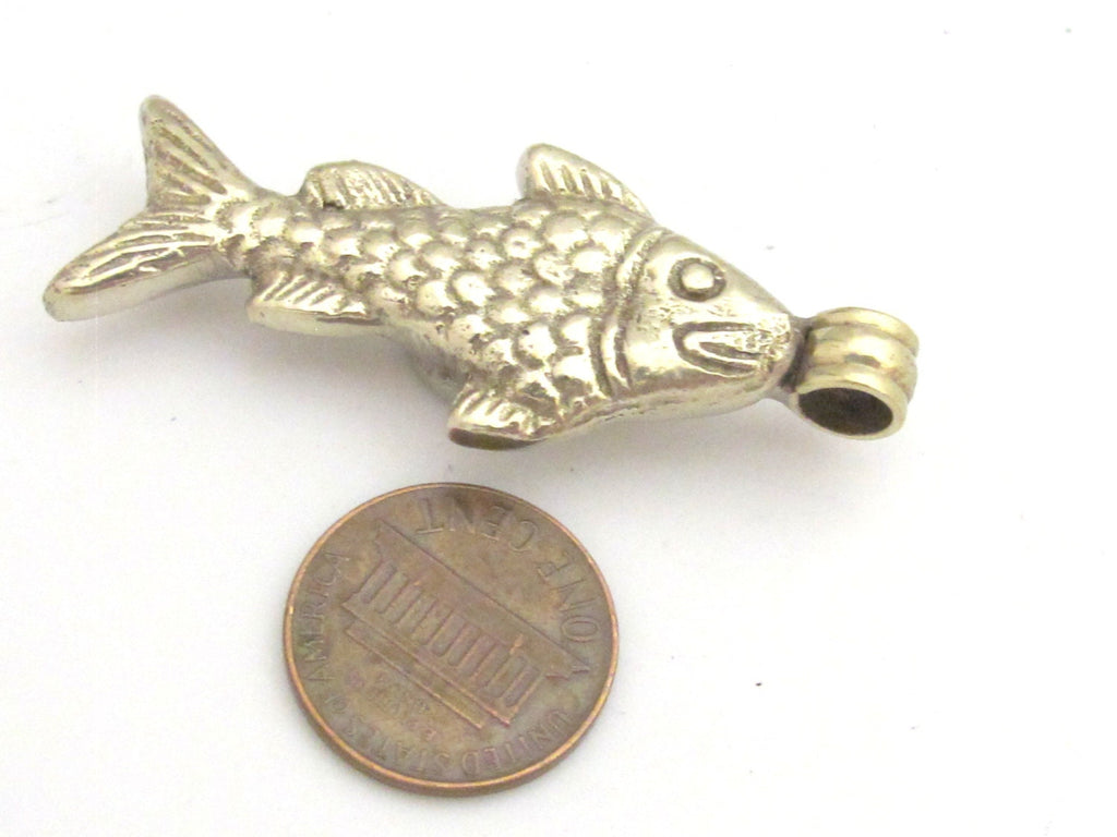 1 Pendant - Tibetan antiqued silver finish fish repousse pendant with lapis inlay - PM343A