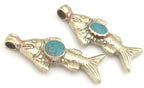 1 Pendant - Tibetan antiqued silver finish fish repousse pendant with turquoise inlay - PM342A
