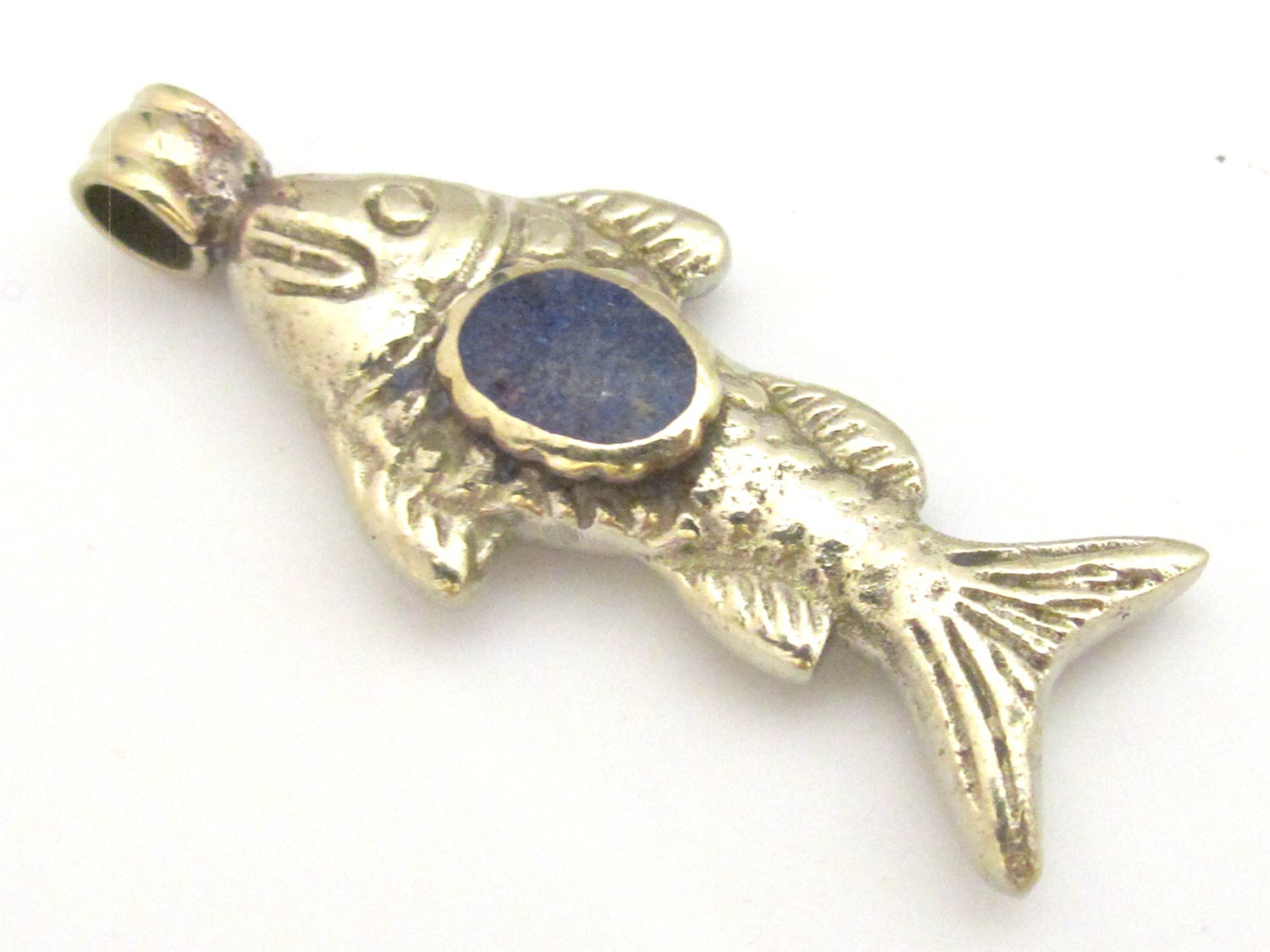 1 Pendant - Tibetan antiqued silver finish fish repousse pendant with lapis inlay - PM343A