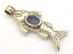 1 Pendant - Tibetan antiqued silver finish fish repousse pendant with lapis inlay - PM343A