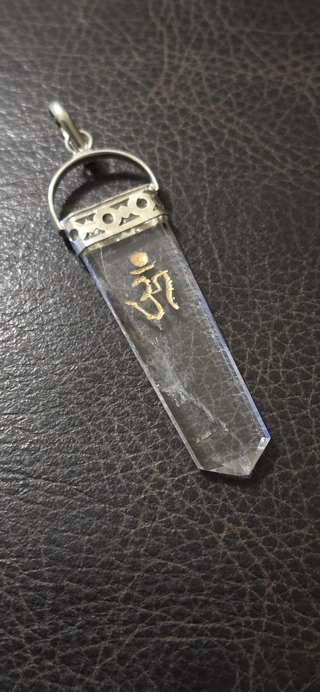 1 pendant - Clear Quartz Om symbol Point Pendant | Golden Om Symbol gemstone Pendant | Spiritual Meditation Jewelry- PM333B