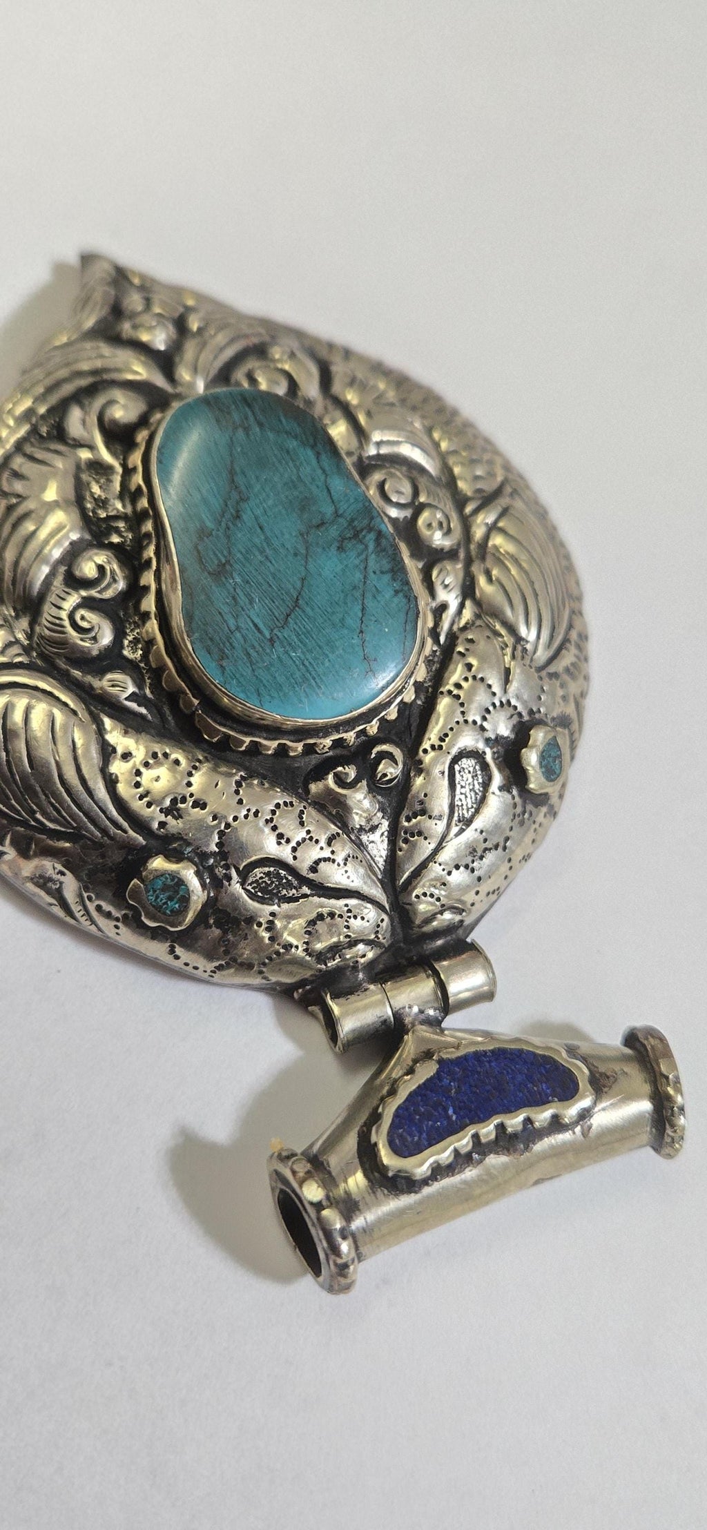 Large Tibetan antiqued Silver finish carved reversible two fishes hinge pendant with turquoise inlay and reverse side deer carving - PM334B