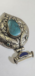 Large Tibetan antiqued Silver finish carved reversible two fishes hinge pendant with turquoise inlay and reverse side deer carving - PM334B