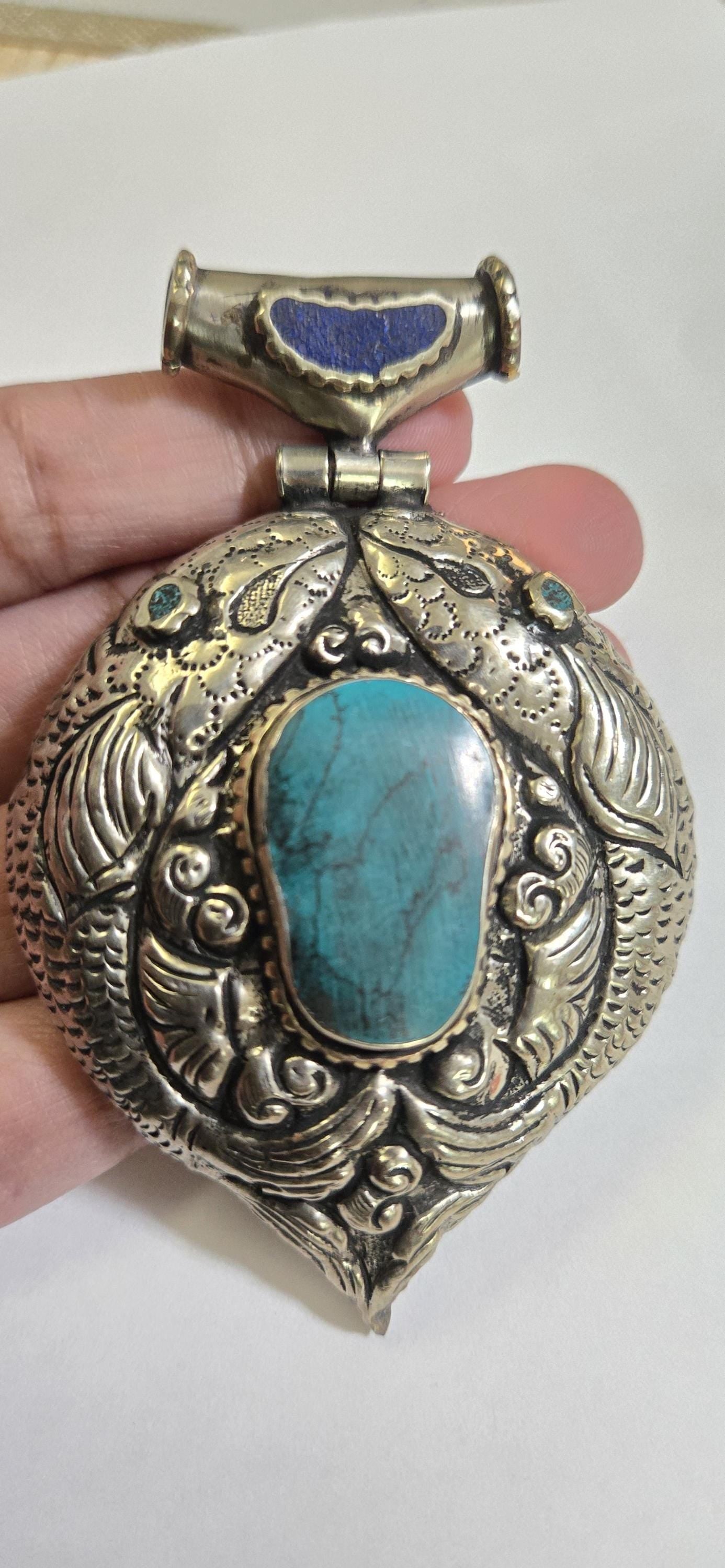 Large Tibetan antiqued Silver finish carved reversible two fishes hinge pendant with turquoise inlay and reverse side deer carving - PM334B
