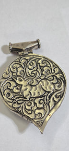 Large Tibetan antiqued Silver finish carved reversible two fishes hinge pendant with turquoise inlay and reverse side deer carving - PM334B