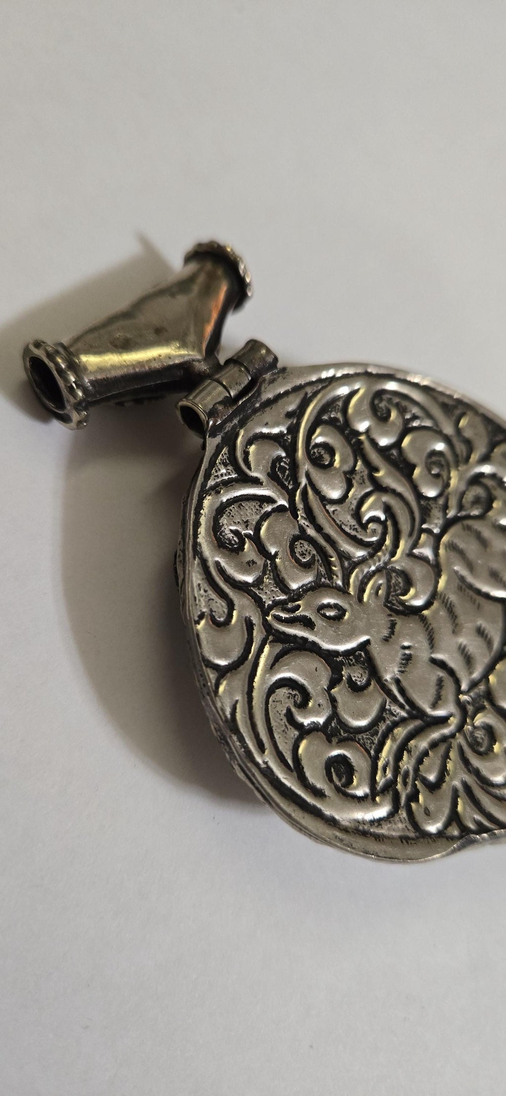 Large Tibetan antiqued Silver finish carved reversible two fishes hinge pendant with turquoise inlay and reverse side deer carving - PM334B
