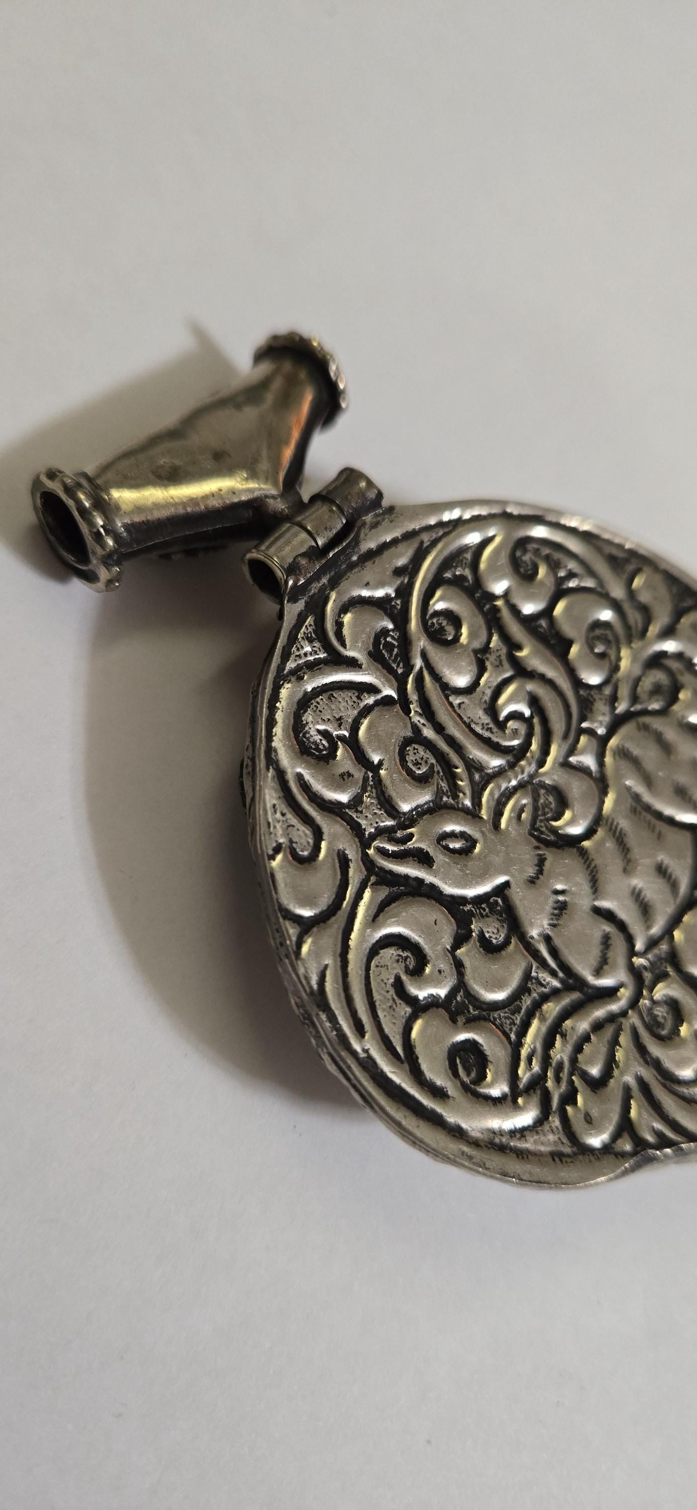 Large Tibetan antiqued Silver finish carved reversible two fishes hinge pendant with turquoise inlay and reverse side deer carving - PM334B