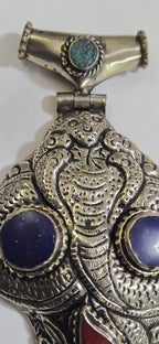 OOAK Large Tibetan Silver finish repousse five hooded naga Snake coiled pendant with lapis coral inlay and reverse lotus repousse - PM335C