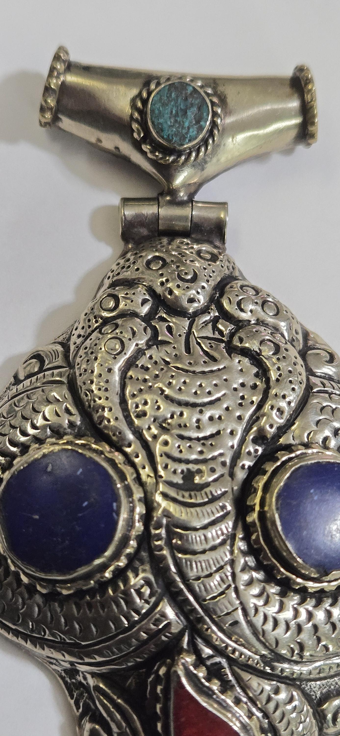 OOAK Large Tibetan Silver finish repousse five hooded naga Snake coiled pendant with lapis coral inlay and reverse lotus repousse - PM335C