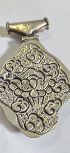 OOAK Large Tibetan Silver finish repousse five hooded naga Snake coiled pendant with lapis coral inlay and reverse lotus repousse - PM335C