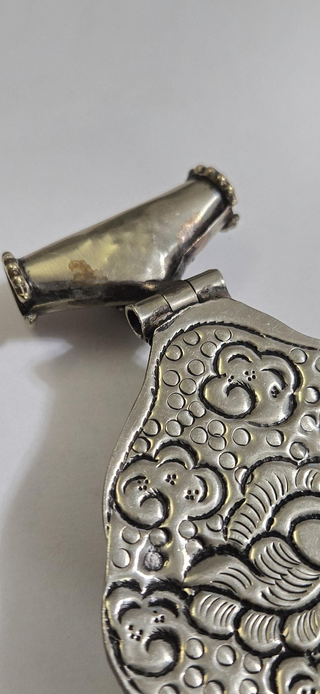 OOAK Large Tibetan Silver finish repousse five hooded naga Snake coiled pendant with lapis coral inlay and reverse lotus repousse - PM335C