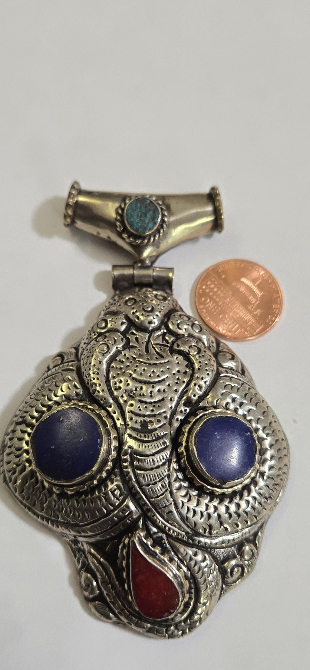 OOAK Large Tibetan Silver finish repousse five hooded naga Snake coiled pendant with lapis coral inlay and reverse lotus repousse - PM335C