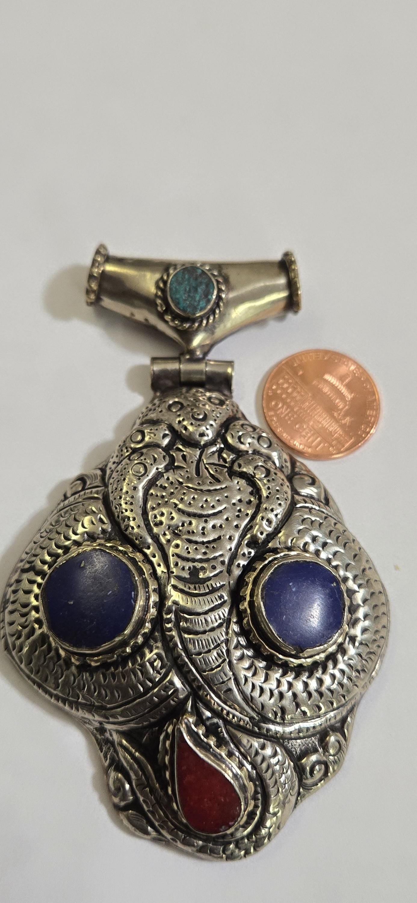 OOAK Large Tibetan Silver finish repousse five hooded naga Snake coiled pendant with lapis coral inlay and reverse lotus repousse - PM335C