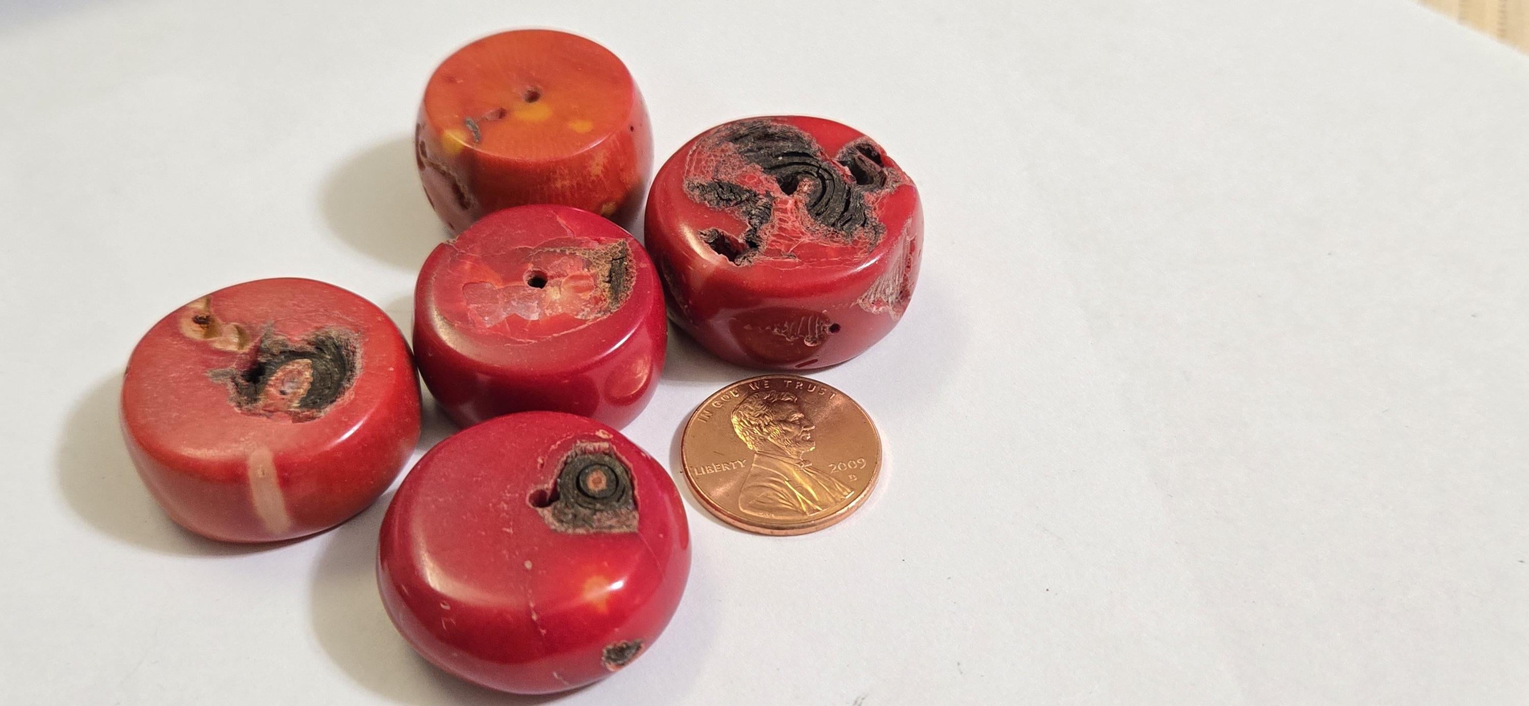 4 Beads - Thick wide Large size red color dyed bamboo coral beads - GM175