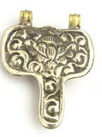 Tibetan silver carved Dragonfly bone pendant with reverse side Lotus flower carving repousse - PM345K