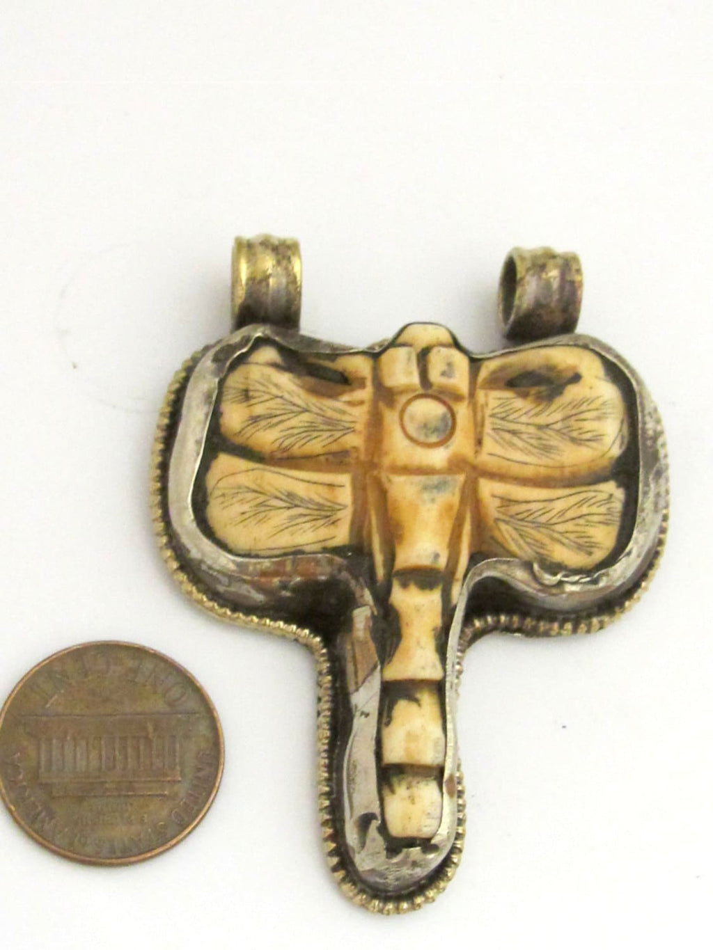 Tibetan silver carved Dragonfly bone pendant with reverse side Lotus flower carving repousse - PM345K