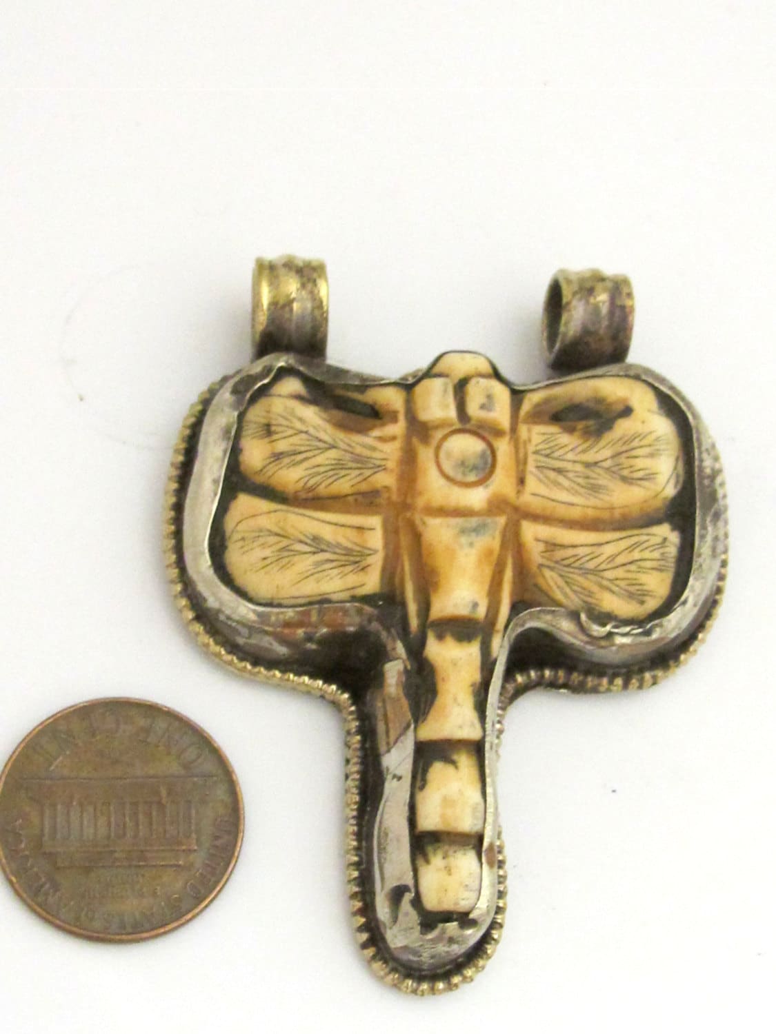Tibetan silver carved Dragonfly bone pendant with reverse side Lotus flower carving repousse - PM345K