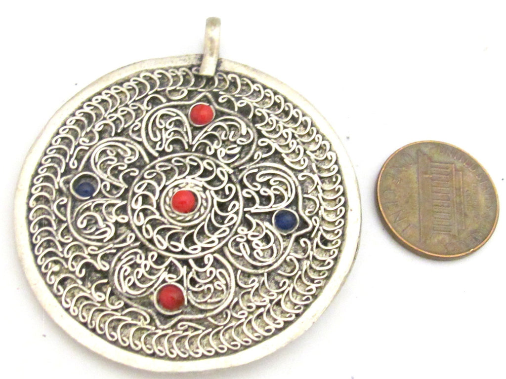 1 Pendant - Reversible round filigree tibetan mandala floral design pendant - PM340