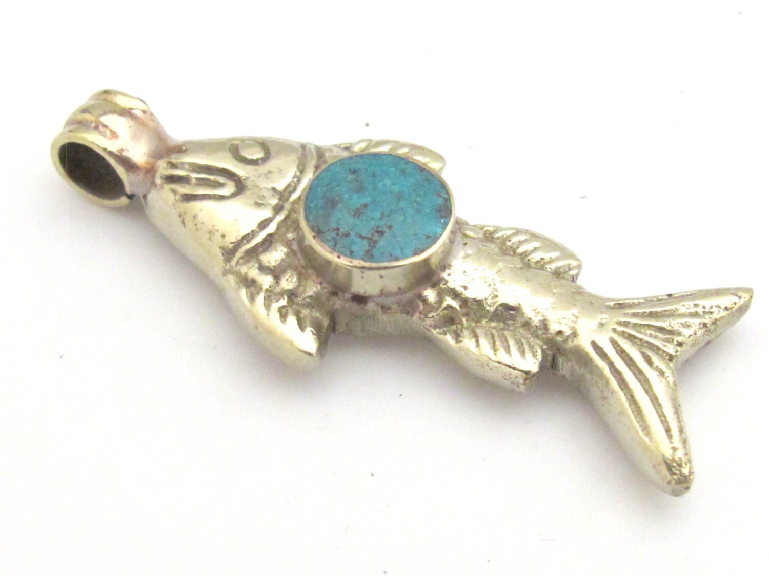 1 Pendant - Tibetan antiqued silver finish fish repousse pendant with turquoise inlay - PM342A