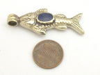 1 Pendant - Tibetan antiqued silver finish fish repousse pendant with lapis inlay - PM343A