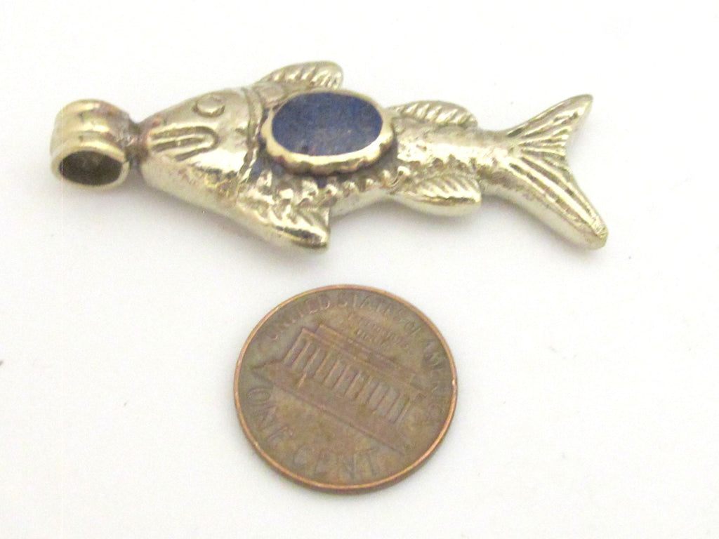 1 Pendant - Tibetan antiqued silver finish fish repousse pendant with lapis inlay - PM343A