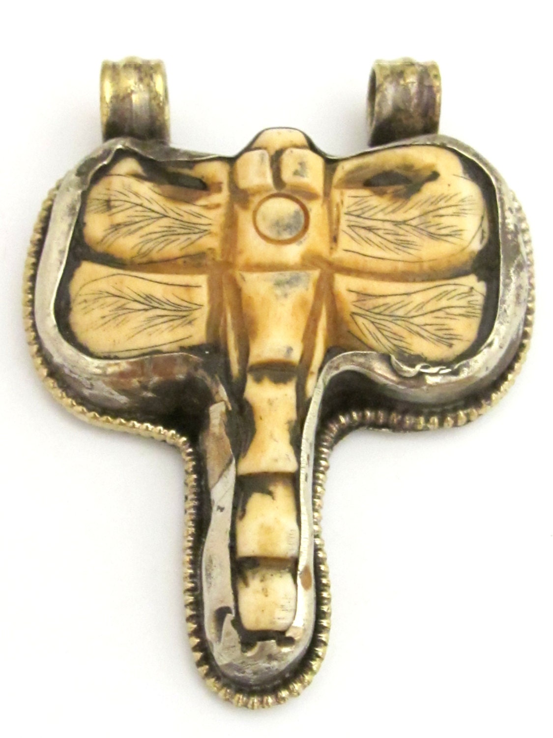 Tibetan silver carved Dragonfly bone pendant with reverse side Lotus flower carving repousse - PM345K
