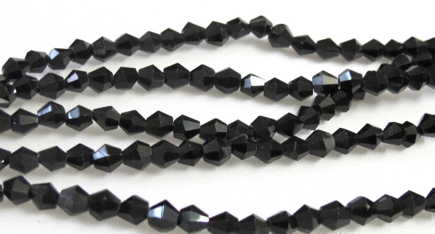 1 Full strand - 16 inches Faceted bicone AB black glass crystal beads 4 mm size - AB030