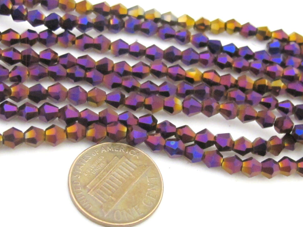 1 Full strand - 16 inches Faceted bicone AB purple titanium color crystal glass beads 4 mm size - AB032