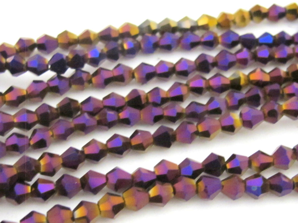 1 Full strand - 16 inches Faceted bicone AB purple titanium color crystal glass beads 4 mm size - AB032
