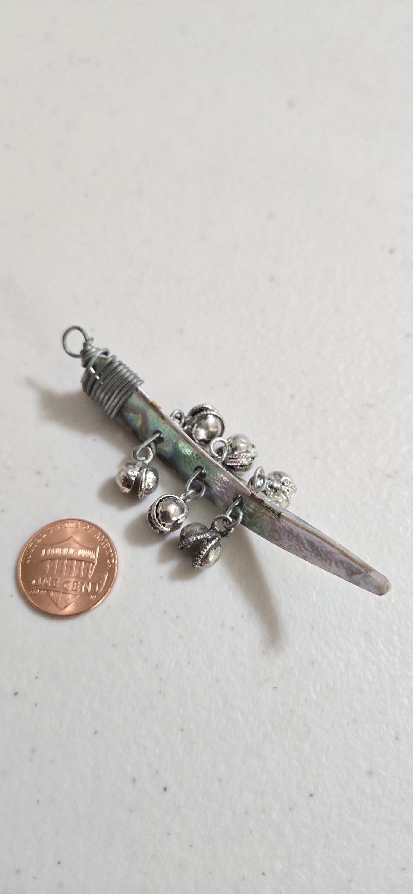 Beautiful Paua abalone Shell tribal design horn tooth shape pendant with bell charms- SP032B