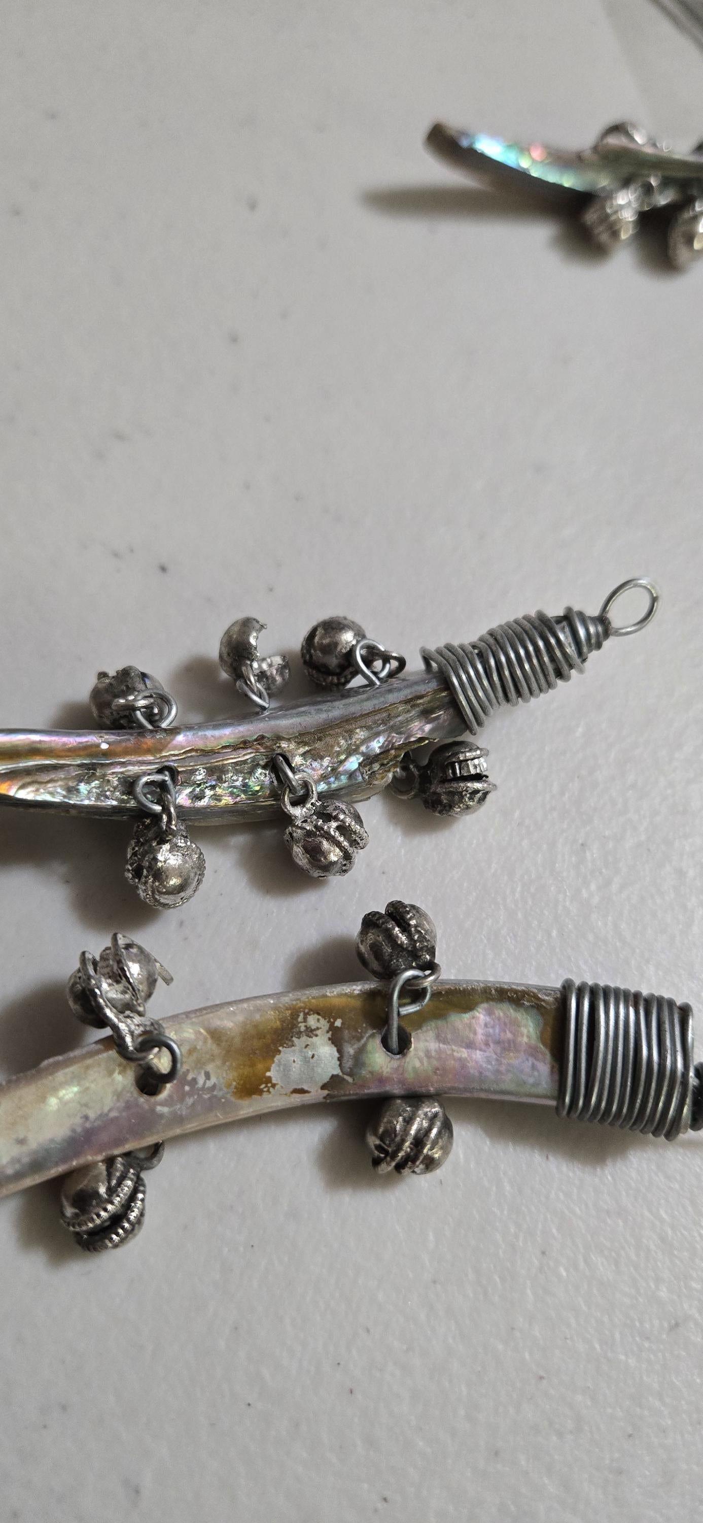 Beautiful Paua abalone Shell tribal design horn tooth shape pendant with bell charms- SP032B