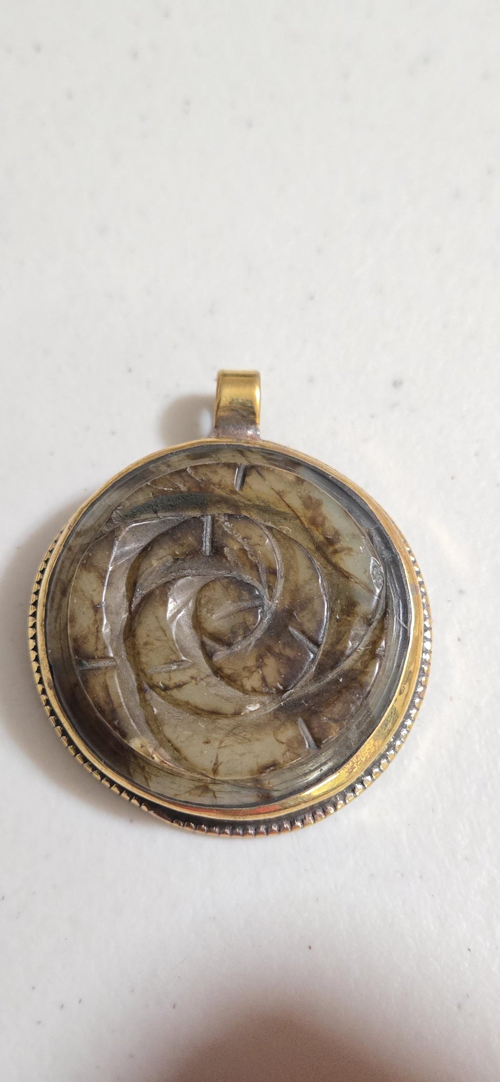 OOAK Beautiful Tibetan Nepal rose flower carved stone brass pendant antiqued finish - PM275C