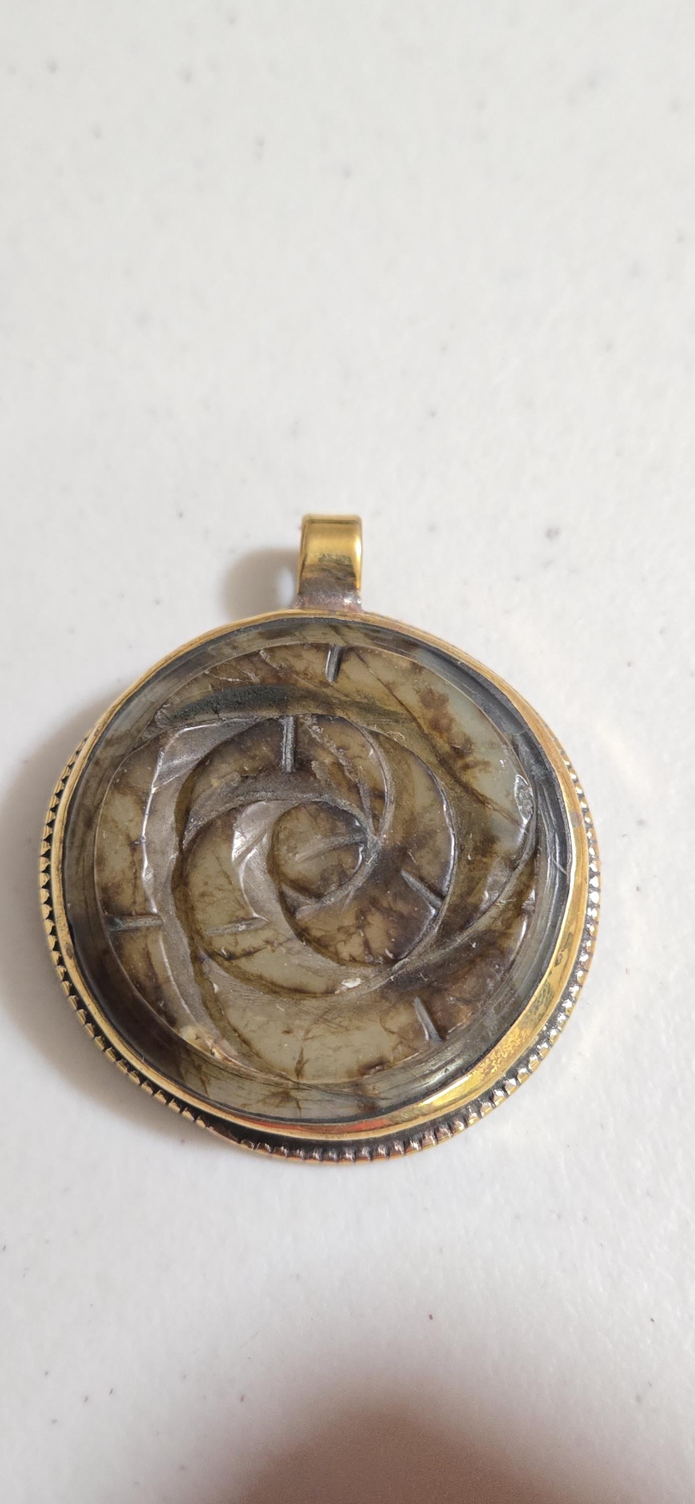 OOAK Beautiful Tibetan Nepal rose flower carved stone brass pendant antiqued finish - PM275C