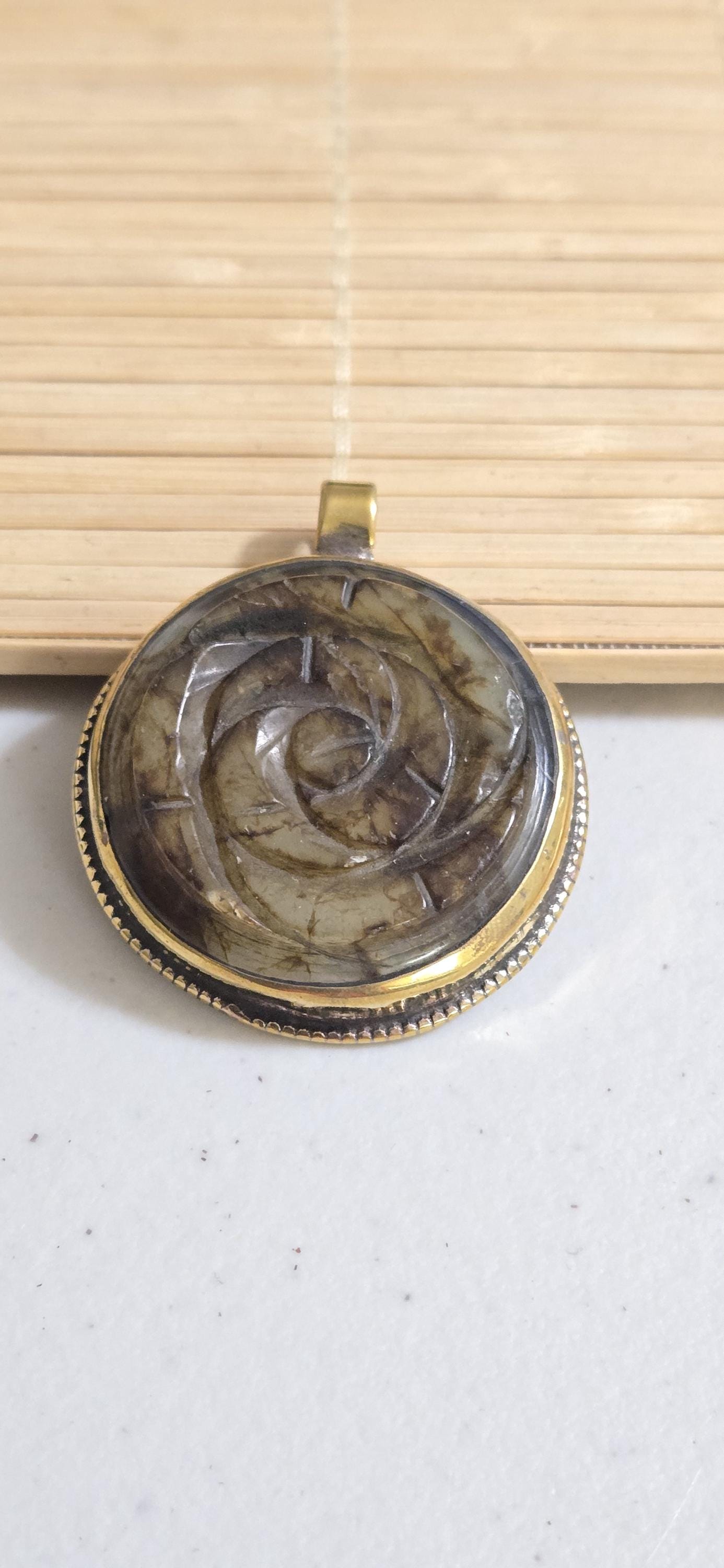 OOAK Beautiful Tibetan Nepal rose flower carved stone brass pendant antiqued finish - PM275C