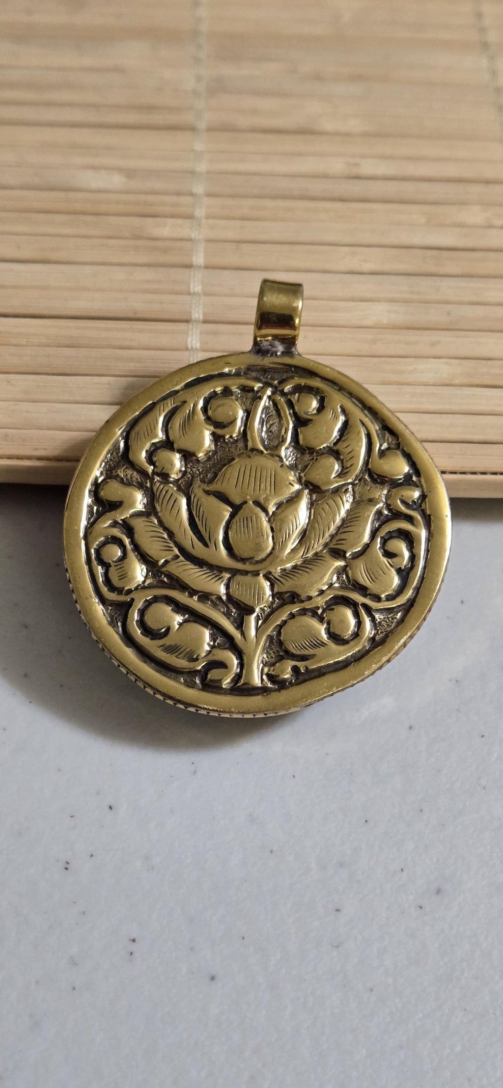 OOAK Beautiful Tibetan Nepal rose flower carved stone brass pendant antiqued finish - PM275C