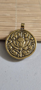 OOAK Beautiful Tibetan Nepal rose flower carved stone brass pendant antiqued finish - PM275C