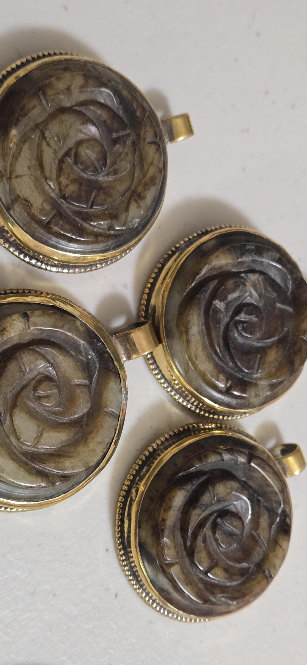 OOAK Beautiful Tibetan Nepal rose flower carved stone brass pendant antiqued finish - PM275C