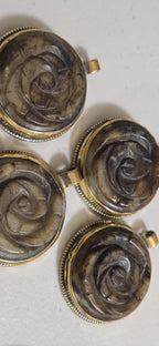 OOAK Beautiful Tibetan Nepal rose flower carved stone brass pendant antiqued finish - PM275C
