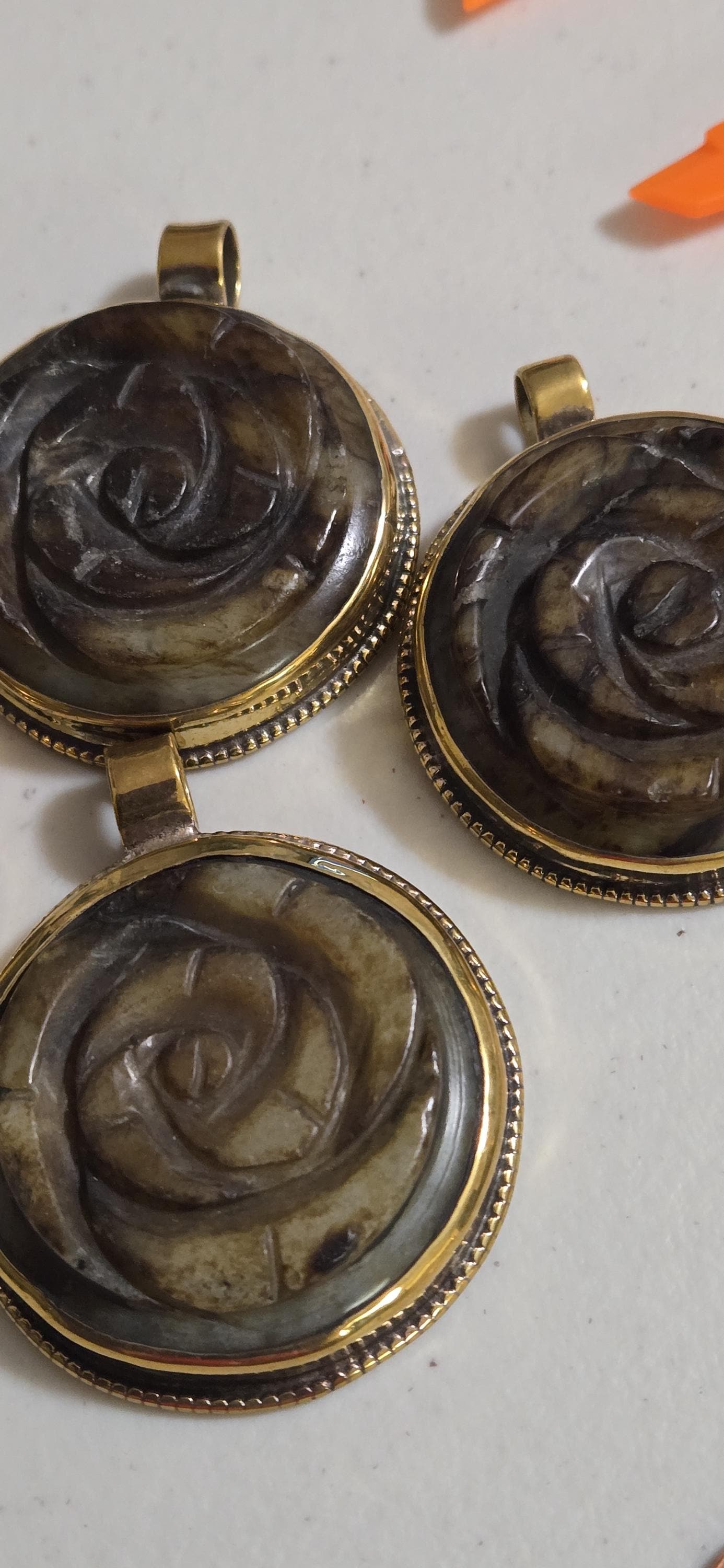 OOAK Beautiful Tibetan Nepal rose flower carved stone brass pendant antiqued finish - PM275C